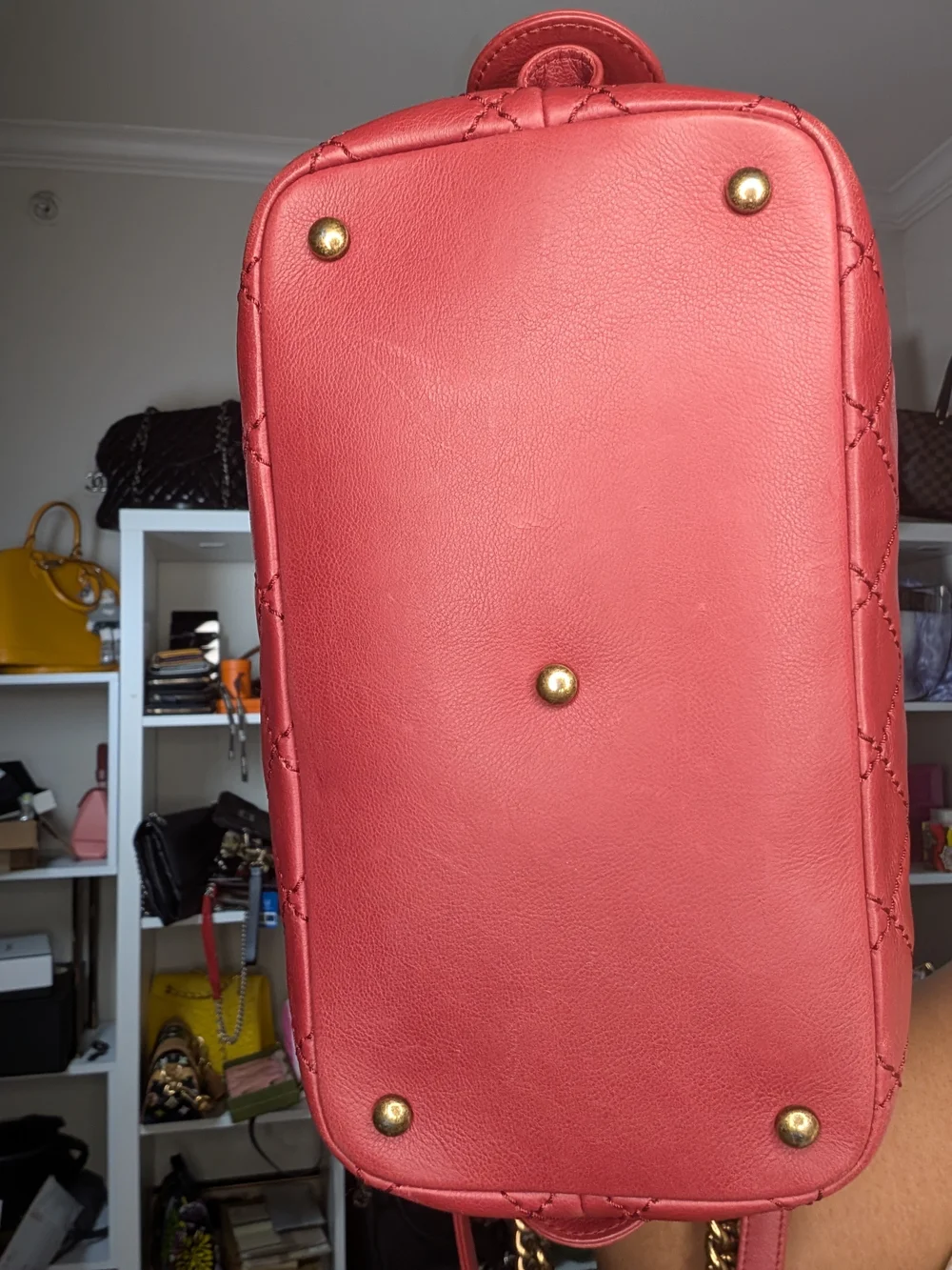Chanel CC 2 way top handle Quilted Red Shoulder Handbag with bronze Chain
